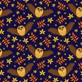 Halloween vector pattern with owls and autumn leaves